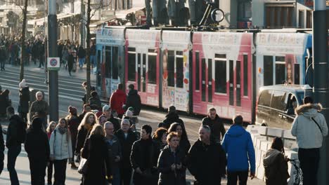 Typisch-Holländischer-Rahmen-Mit-Straßenbahn-Und-Vorbeifahrendem-Biker