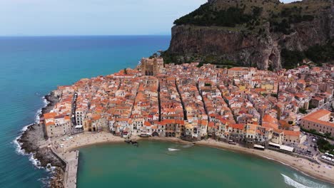 Forward-Drone-Shot-Above-Cefalu-Cathedral,-Sicily,--Italy