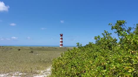 Wunderschöner-Malerischer-Strand-Mit-Roten-Und-Gelben-Streifen,-Leuchtturm-Und-üppigem-Grünen-Hintergrund,-Los-Roques