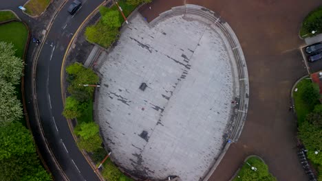 Aerial-shot-over-CS-Lewis-Square-in-East-Belfast,-Northern-Ireland