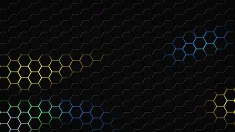 Dark-hexagon-geometry-glowing-tiles-3D-animation-neon-LED-luminance-light-shapes-cyber-digital-pattern-technology-background-color-dark-rainbow-blue