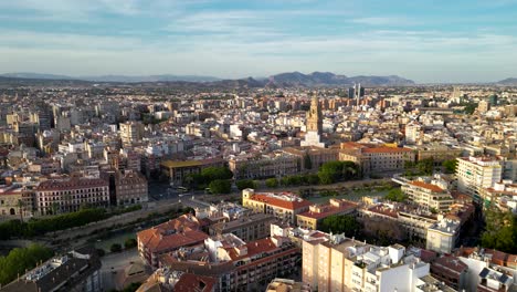Panoramic-4k-aerial-view-of-Murcia-skyline,-at-sunset