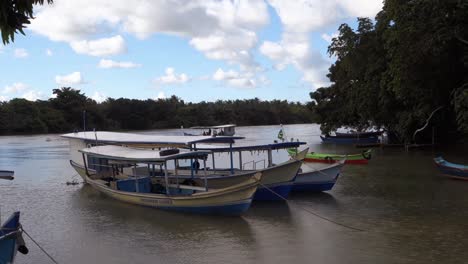 wooden-boats-parked-in-small-bay-of-tropical-river-while-another-boat-comes,-during-light-rain