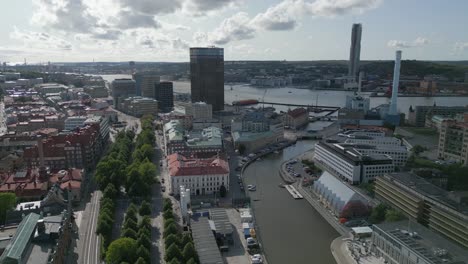 Revolving-aerial-over-harbour-canal-in-downtown-Gothenburg,-Sweden