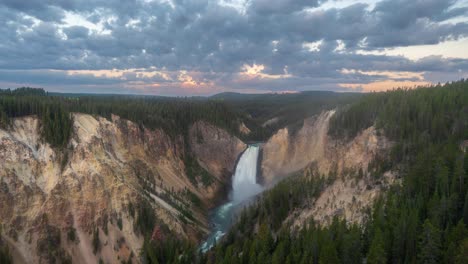 Time-Lapse,-Yellowstone-National-Park,-Wyoming-USA,-Lower-Falls-and-Landscape-Under-Clouds