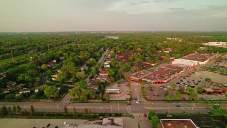 Aerial-view-of-shops-and-stores-in-Arlington-Heights,-Illinois-at-sunset