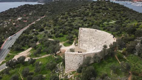 Aerial-Drone-Circle-Antiphellos-Theatre-with-a-View,-in-Kas,-Turkey:-1st-B