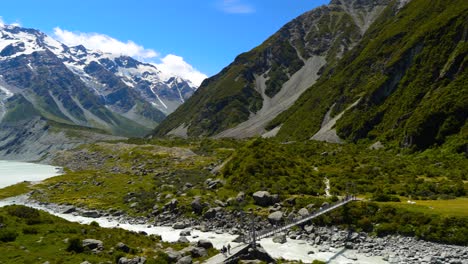 Schwenken-Nach-Links-Entlang-Des-Hooker-River-Und-Enthüllt-Einen-Schneebedeckten-Mount-Cook-NZ
