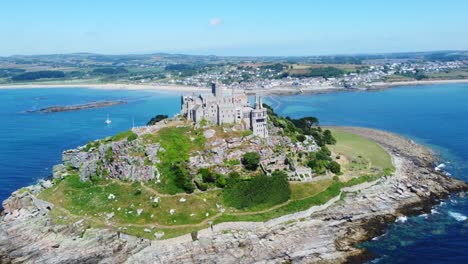 View-from-the-sea-of-the-15th-century-castle-chapel-of-St-Michael's-Mount-in-Cornwall-in-the-south-of-England