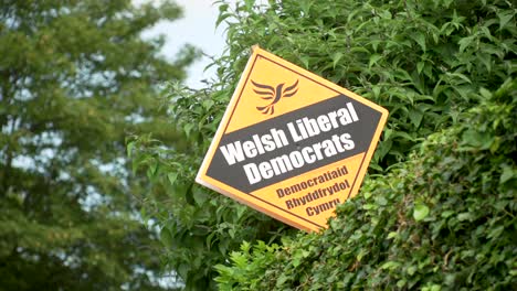 Political-Party-Welsh-Liberal-Democrats-Garden-Poster-for-the-election,-surrounded-by-hedges-and-trees