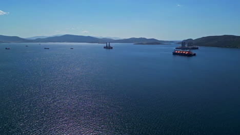 Aerial-Drone-Sea-port-Greek-mountain-islet-landscape-at-Elefsina-sea-morning-sun