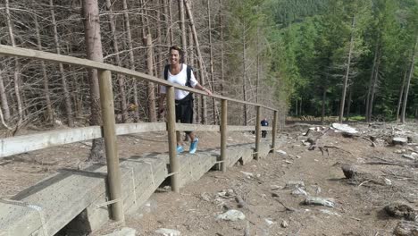 Active-Female-climbing-up-wooden-straircase-in-mountain-forest,-Wicklow