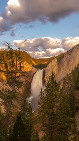 Vertical-4k-Timelapse,-Yellowstone-National-Park,-Wyoming-USA,-Lower-Falls-and-Landscape-Under-Clouds