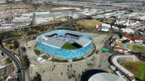 Estadio-Cuauhtémoc-Soccer-Stadium,-sunny-day-in-Puebla,-Mexico---Aerial-view