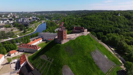 Drone-Orbits-Above-Gediminas-Tower-in-Downtown-Vilnius,-Lithuania