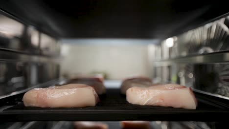 Chicken-breasts-grilling-in-a-commercial-kitchen-oven,-close-view,-showcasing-the-cooking-process