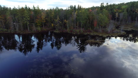 Left-to-right-trucking-shot-of-a-colorful-aspen-trees-along-aa-shoreline-and-its-reflection-in-a-calm-lake-in-Maine-during-the-Fall