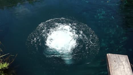 Erwachsener-Mann-Springt-In-Natürlichen-Pool-Mit-Klarem-Wasser-In-Cenote-Cristal,-Tulum,-Mexiko