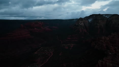 Sedona-Red-Rocks-During-Dusk-In-Arizona,-USA---Aerial-Shot