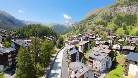 Zermatt,-Switzerland,-Europe-in-spring,-aerial-view-and-flight-towards-Matterhorn-mountain-in-the-Swiss-Alps