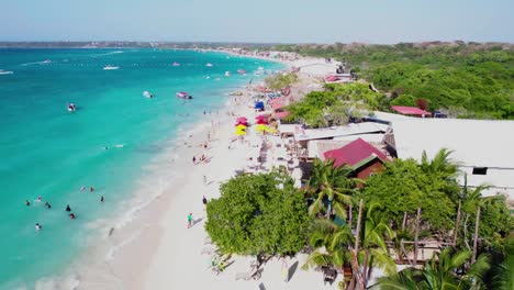 Aerial-View-of-Playa-Blanca,-Beautiful-Sandy-Shoreline-in-Cartagena,-Colombia