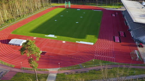 Aerial-view-of-Janis-Dalins-track-and-field-Stadium-in-Valmiera,-Latvia