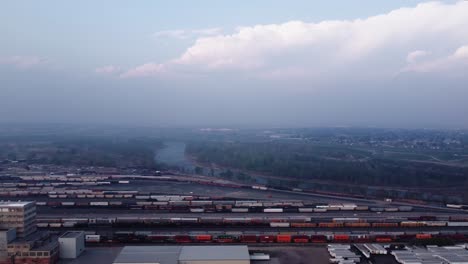 Aerial-shot-of-a-railroad-transport-hub-in-Calgary,-Alberta