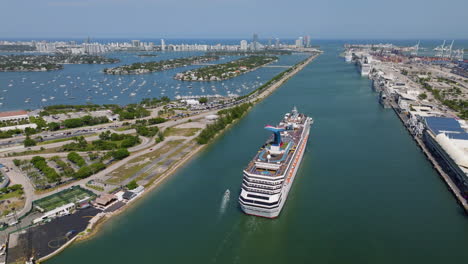 Aerial-view-around-a-cruise-liner-on-the-Main-channel-in-sunny-Miami,-Florida,-USA