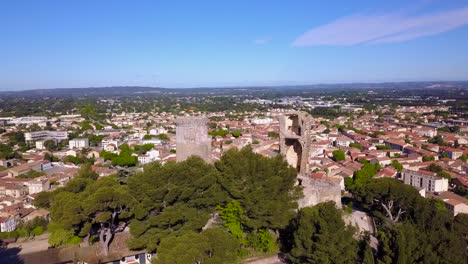 Aerial-shot-towards-the-historic-ruins-of-the-Châteaurenard-castle-in-France