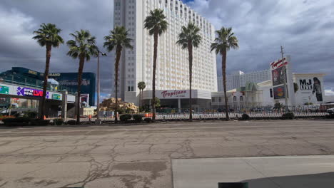 Exterior-of-Closed-Tropicana-Casino-Hotel-Building-Before-Demolition-and-Strip-Traffic,-Las-Vegas-Nevada-USA