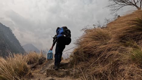 Entschlossener-Wanderer,-Der-Die-Grasbewachsenen-Hänge-Einer-Bergwanderung-Hinaufsteigt-Und-Die-Natürliche-Schönheit-Und-Die-Herausforderungen-Der-Reise-Genießt