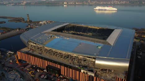Bramley-Moore-Everton-FC-aerial-view-over-stadium-construction-with-Stena-boat-on-the-Mersey-river
