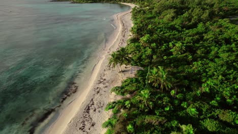 Aerial-rotating-view-of-remote,-uninhabited-tropical-island-with-turquoise-water-and-dense-forest-in-Spain