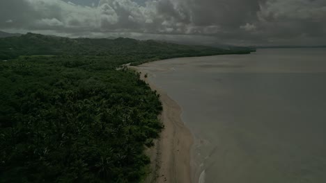 Aerial-along-sandy-coastline-by-green-woods-and-calm-sea,-Philippines
