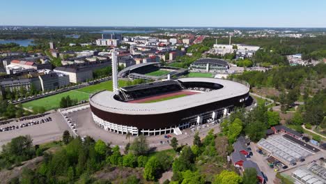 Orbiting-Drone-Shot-Above-Helsinki-Olympic-Stadium-on-Beautiful-Summer-Day