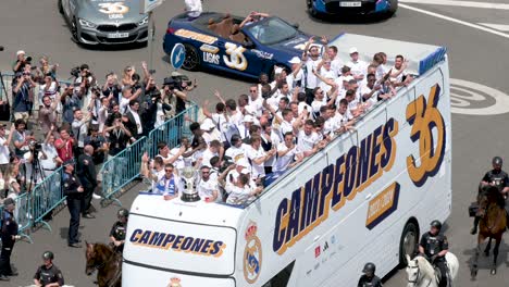 Real-Madrid-players-celebrate-winning-the-36th-Spanish-soccer-league-championship,-La-Liga-title-trophy-championship,-at-Cibeles-Square,-where-thousands-of-fans-gathered-in-Madrid,-Spain