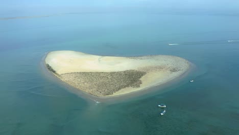 Isla-Corazon-heart-shaped-sand-island-covered-in-brown-pelicans-in-Magdalena-Bay-Mexico,-aerial