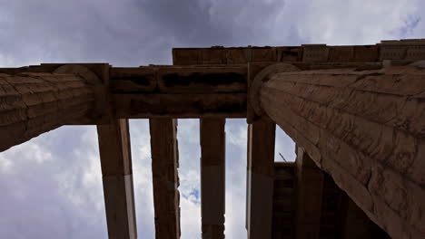 Monument-of-Agrippa-and-Propylaia,-Acropolis,-Greece,-Athens,-view-from-bellow