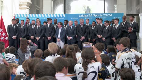 Real-Madrid-players-are-seen-during-the-reception-for-Real-Madrid-at-the-Palacio-de-Cibeles,-as-part-of-the-celebration-of-the-36th-Spanish-soccer-league-title-trophy-winner-in-Madrid,-Spain