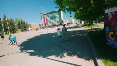 Daugavpils-central-square-with-Latvian-national-symbol-flag-during-spring