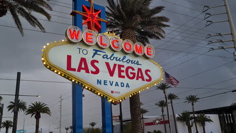Welcome-to-Fabulous-Las-Vegas-Nevada-Sign,-Iconic-Landmark-Under-Stormy-Rainy-Clouds
