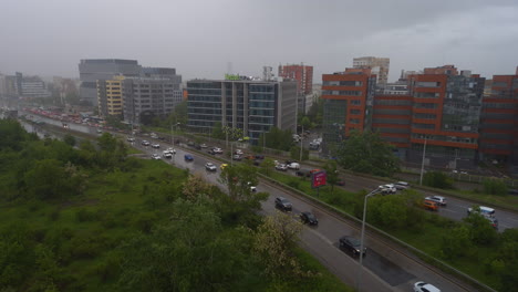 Time-lapse-of-cars-in-a-heavy-traffic-jam-at-rush-hour-on-a-rainy-day-in-the-Business-park-in-Sofia-Bulgaria