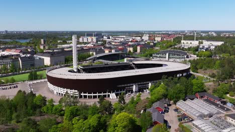 Aerial-Boom-Shot-Reveals-Helsinki-Olympic-Stadium-in-Finland-on-Beautiful-Day
