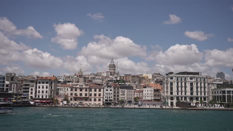 Ships,-ferries,-boats,-historical-buildings-in-the-Bosphorus,-Istanbul,-Turkiye