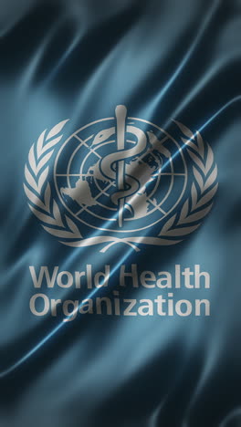 World-Health-Organization-Logo-on-blue-background,-Vertical-full-frame,-glossy,-elegant-silky-texture,-movie-like-look,-realistic-4K-CG-animation,-slow-motion-fluttering,-seamless-loop-able