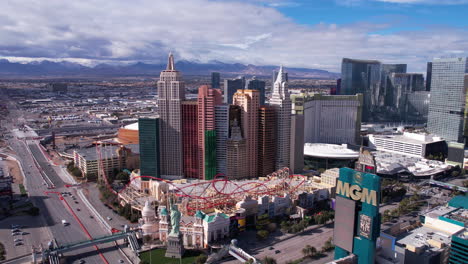 Las-Vegas-USA,-Aerial-View-of-New-York-New-York-Casino-Hotel-on-Strip-and-Traffic-on-Tropicana-Avenue