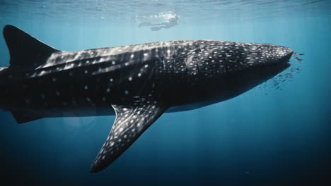 Walhai-Dreht-Kopf-Und-Sieht-Einen-Fischschwarm,-Der-In-Zeitlupe-Unter-Wasser-Schwimmt