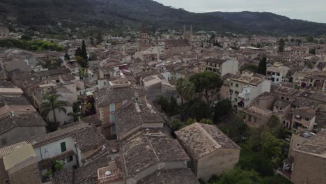 Aerial-Above-Roofs-Of-Typical-Spanish-Buildings-In-Town-Of-Soller-In-Mallorca,-Spain