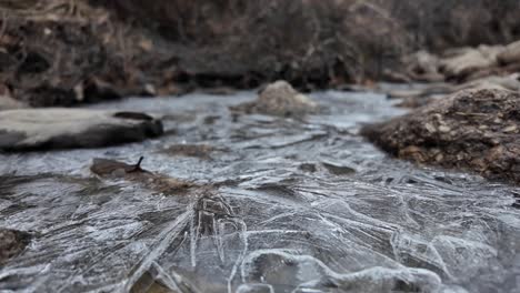 Stream-in-early-spring-under-ice-in-a-gray-forest-4k