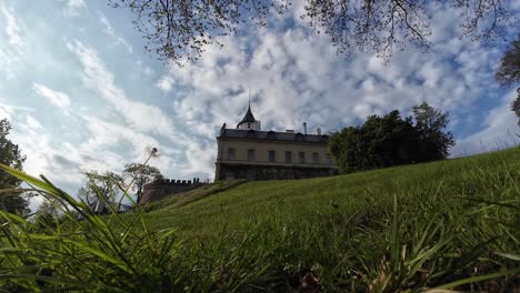 Castle-Raduň-in-the-Czech-Republic,-a-stately-white-structure-gracing-a-verdant-hill-under-a-tranquil-blue-sky